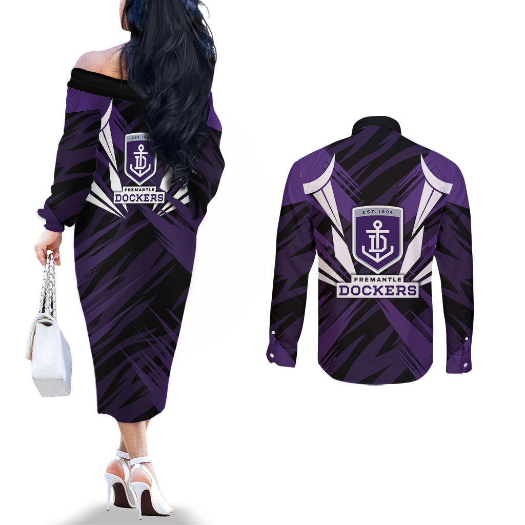 Fremantle Dockers Australian Football Couples Matching Off The Shoulder Long Sleeve Dress and Long Sleeve Button Shirt Athletic Hero Mascot - Bold Team Colors