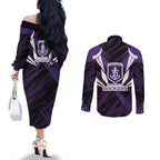 Fremantle Dockers Australian Football Couples Matching Off The Shoulder Long Sleeve Dress and Long Sleeve Button Shirt Athletic Hero Mascot - Bold Team Colors