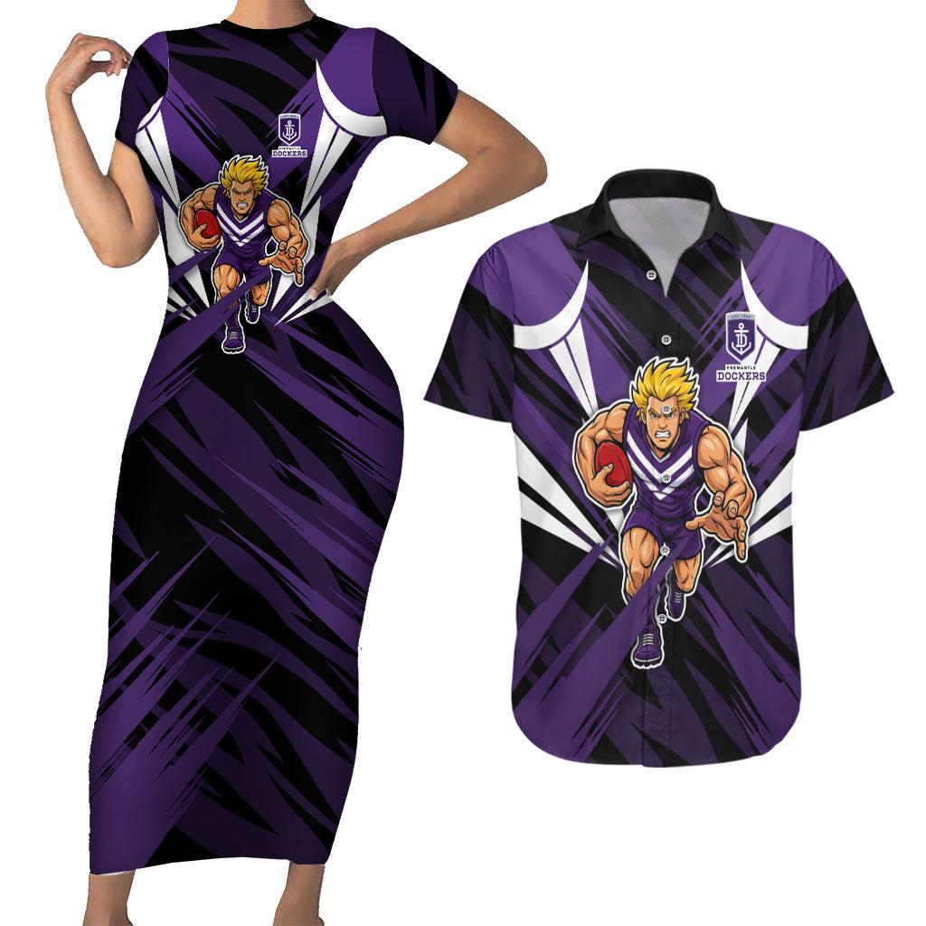 Fremantle Dockers Australian Football Couples Matching Short Sleeve Bodycon Dress and Hawaiian Shirt Athletic Hero Mascot - Bold Team Colors