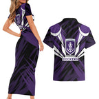 Fremantle Dockers Australian Football Couples Matching Short Sleeve Bodycon Dress and Hawaiian Shirt Athletic Hero Mascot - Bold Team Colors
