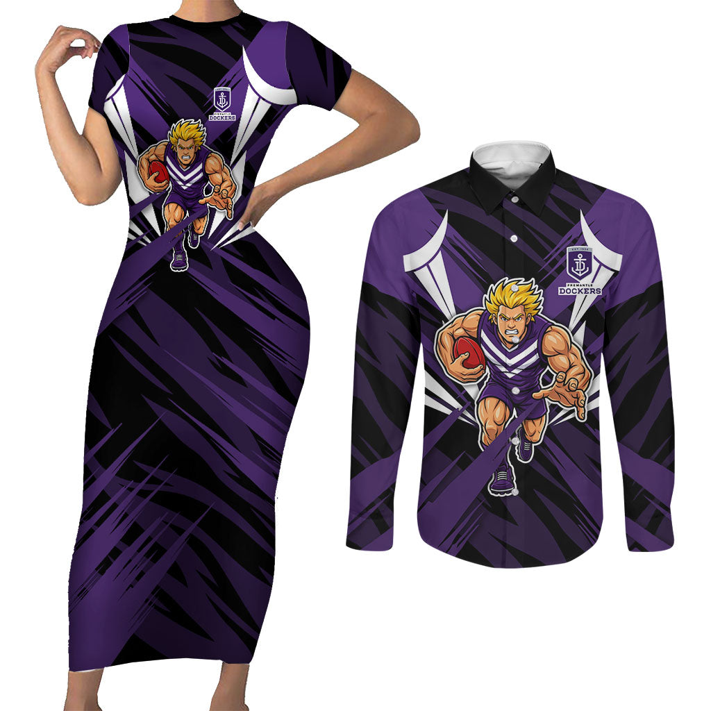 Fremantle Dockers Australian Football Couples Matching Short Sleeve Bodycon Dress and Long Sleeve Button Shirt Athletic Hero Mascot - Bold Team Colors