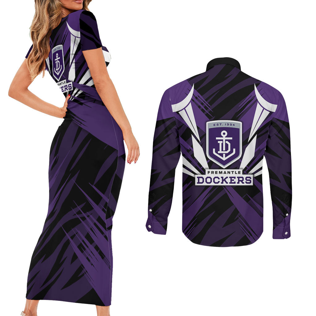 Fremantle Dockers Australian Football Couples Matching Short Sleeve Bodycon Dress and Long Sleeve Button Shirt Athletic Hero Mascot - Bold Team Colors