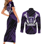 Fremantle Dockers Australian Football Couples Matching Short Sleeve Bodycon Dress and Long Sleeve Button Shirt Athletic Hero Mascot - Bold Team Colors