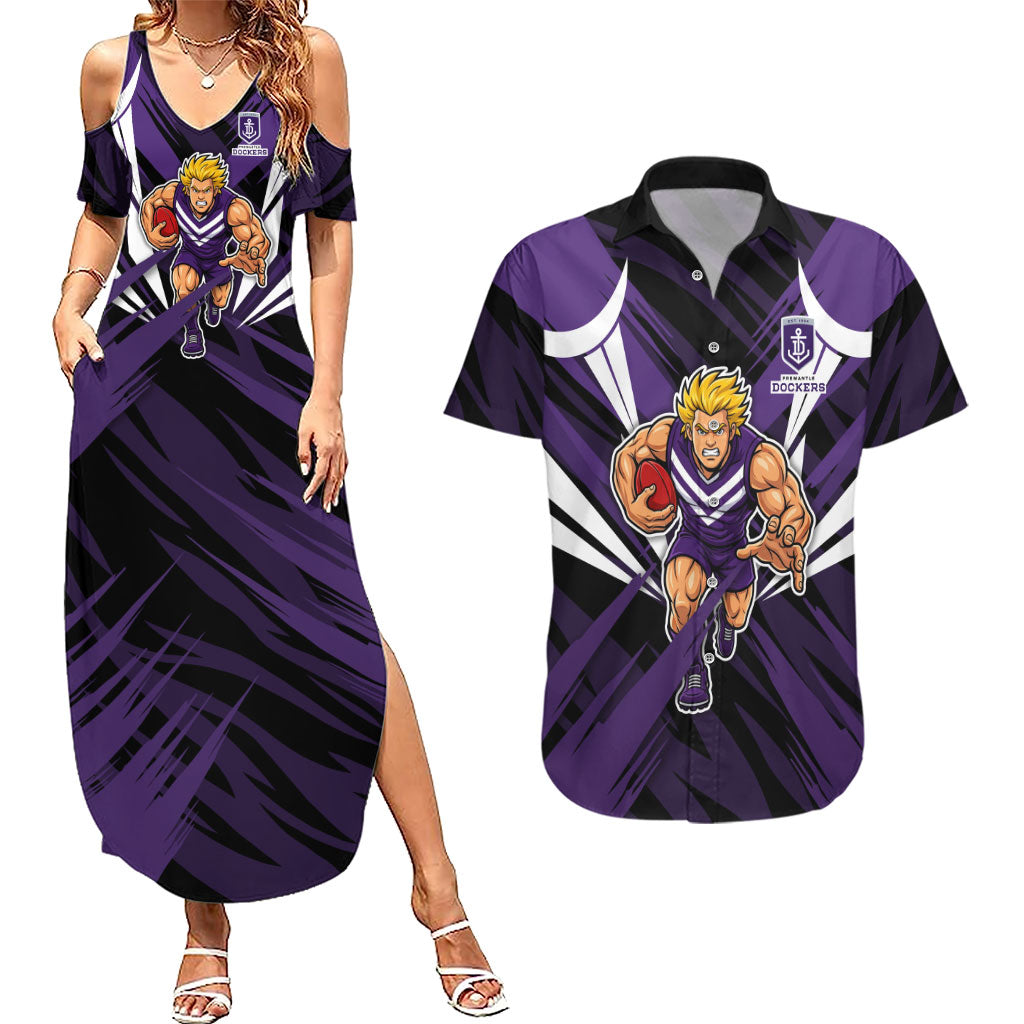 Fremantle Dockers Australian Football Couples Matching Summer Maxi Dress and Hawaiian Shirt Athletic Hero Mascot - Bold Team Colors
