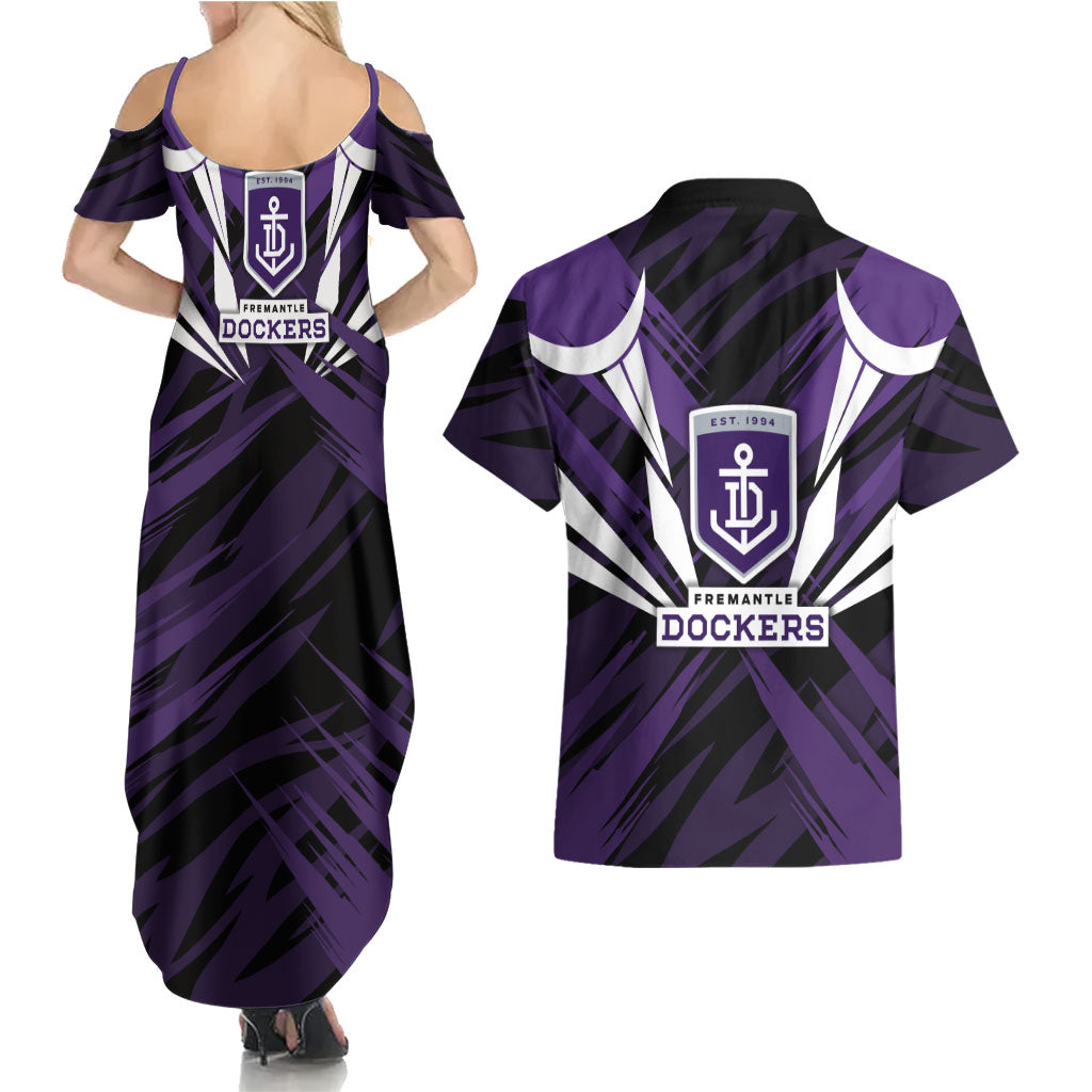 Fremantle Dockers Australian Football Couples Matching Summer Maxi Dress and Hawaiian Shirt Athletic Hero Mascot - Bold Team Colors