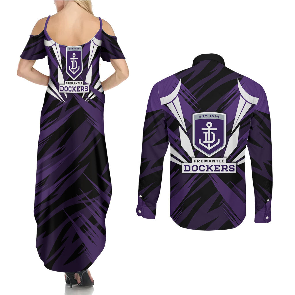Fremantle Dockers Australian Football Couples Matching Summer Maxi Dress and Long Sleeve Button Shirt Athletic Hero Mascot - Bold Team Colors