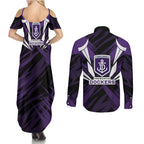 Fremantle Dockers Australian Football Couples Matching Summer Maxi Dress and Long Sleeve Button Shirt Athletic Hero Mascot - Bold Team Colors