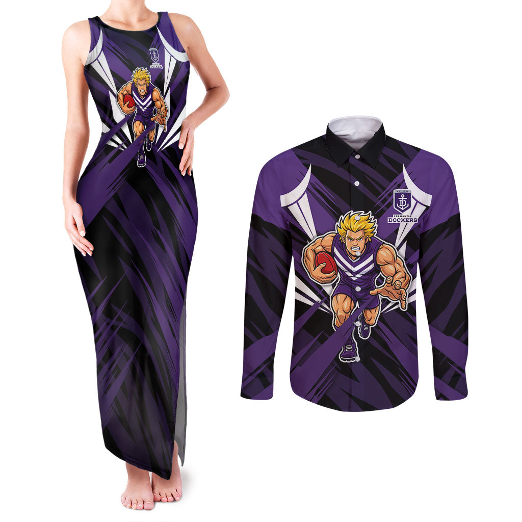 Fremantle Dockers Australian Football Couples Matching Tank Maxi Dress and Long Sleeve Button Shirt Athletic Hero Mascot - Bold Team Colors