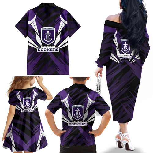 Fremantle Dockers Australian Football Family Matching Off The Shoulder Long Sleeve Dress and Hawaiian Shirt Athletic Hero Mascot - Bold Team Colors
