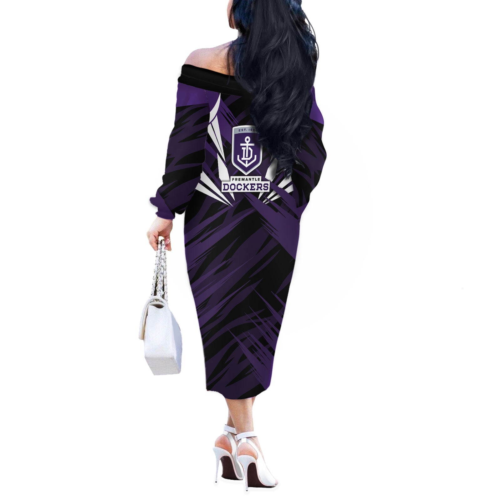 Fremantle Dockers Australian Football Off The Shoulder Long Sleeve Dress Athletic Hero Mascot - Bold Team Colors