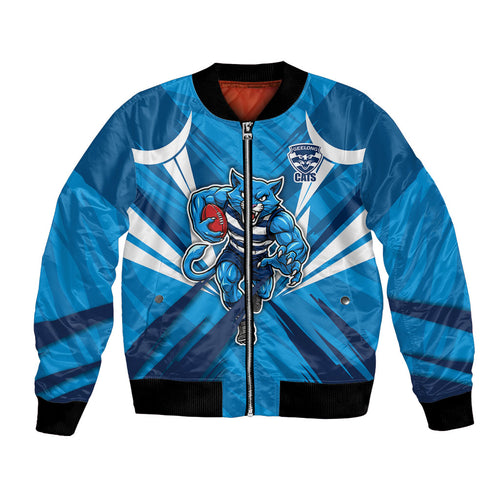 Geelong Cats Australian Football Bomber Jacket Fierce Wildcat Mascot - Bold Team Colors