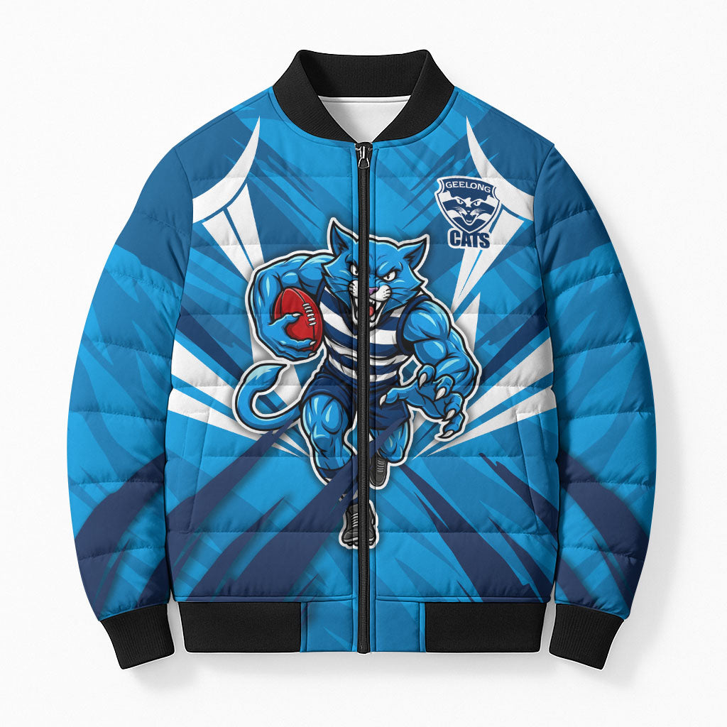 Geelong Cats Australian Football Bomber Puffer Jacket Fierce Wildcat Mascot - Bold Team Colors