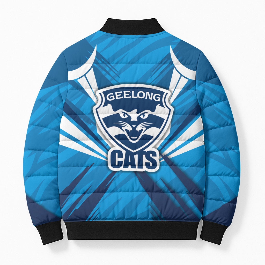 Geelong Cats Australian Football Bomber Puffer Jacket Fierce Wildcat Mascot - Bold Team Colors