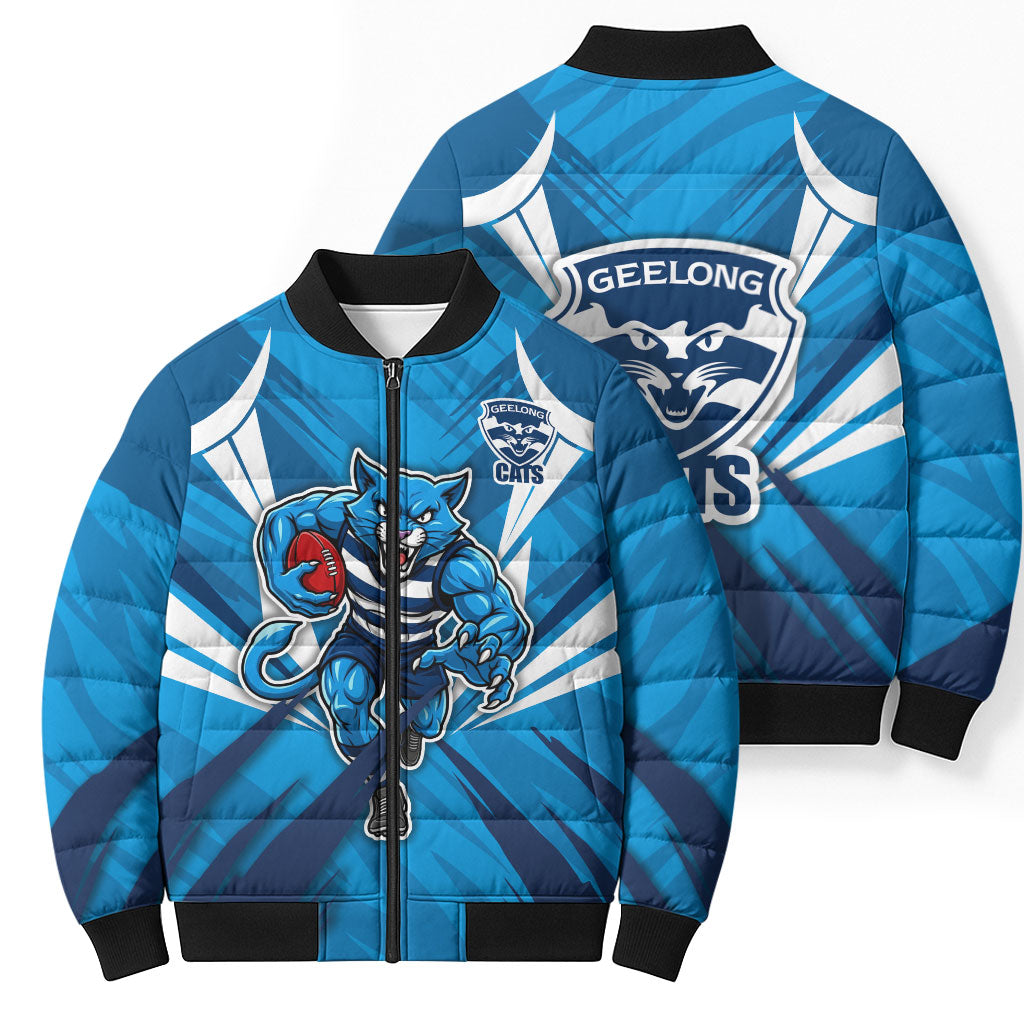 Geelong Cats Australian Football Bomber Puffer Jacket Fierce Wildcat Mascot - Bold Team Colors