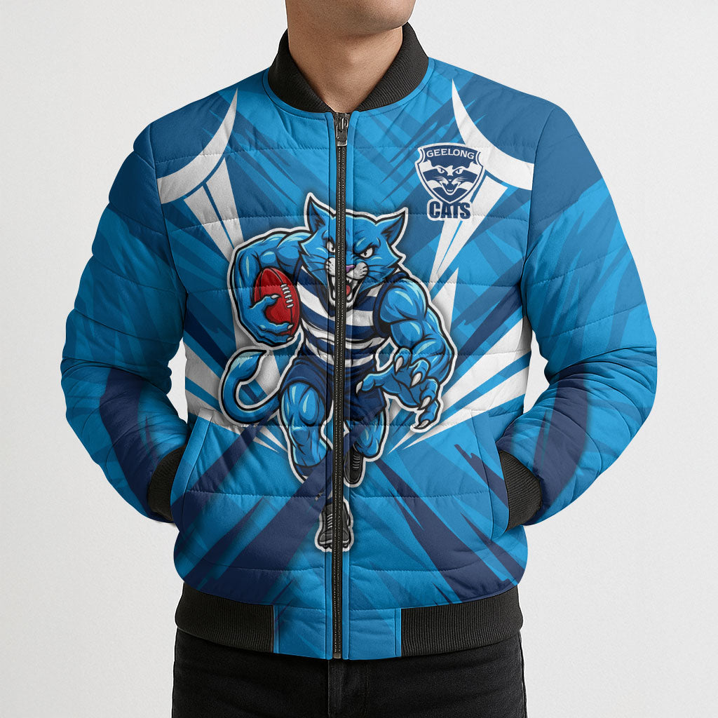 Geelong Cats Australian Football Bomber Puffer Jacket Fierce Wildcat Mascot - Bold Team Colors