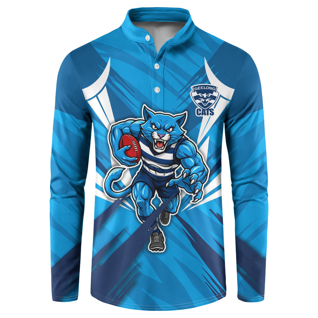 Geelong Cats Australian Football Button Sweatshirt Fierce Wildcat Mascot - Bold Team Colors