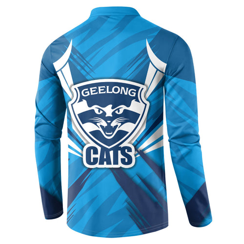 Geelong Cats Australian Football Button Sweatshirt Fierce Wildcat Mascot - Bold Team Colors
