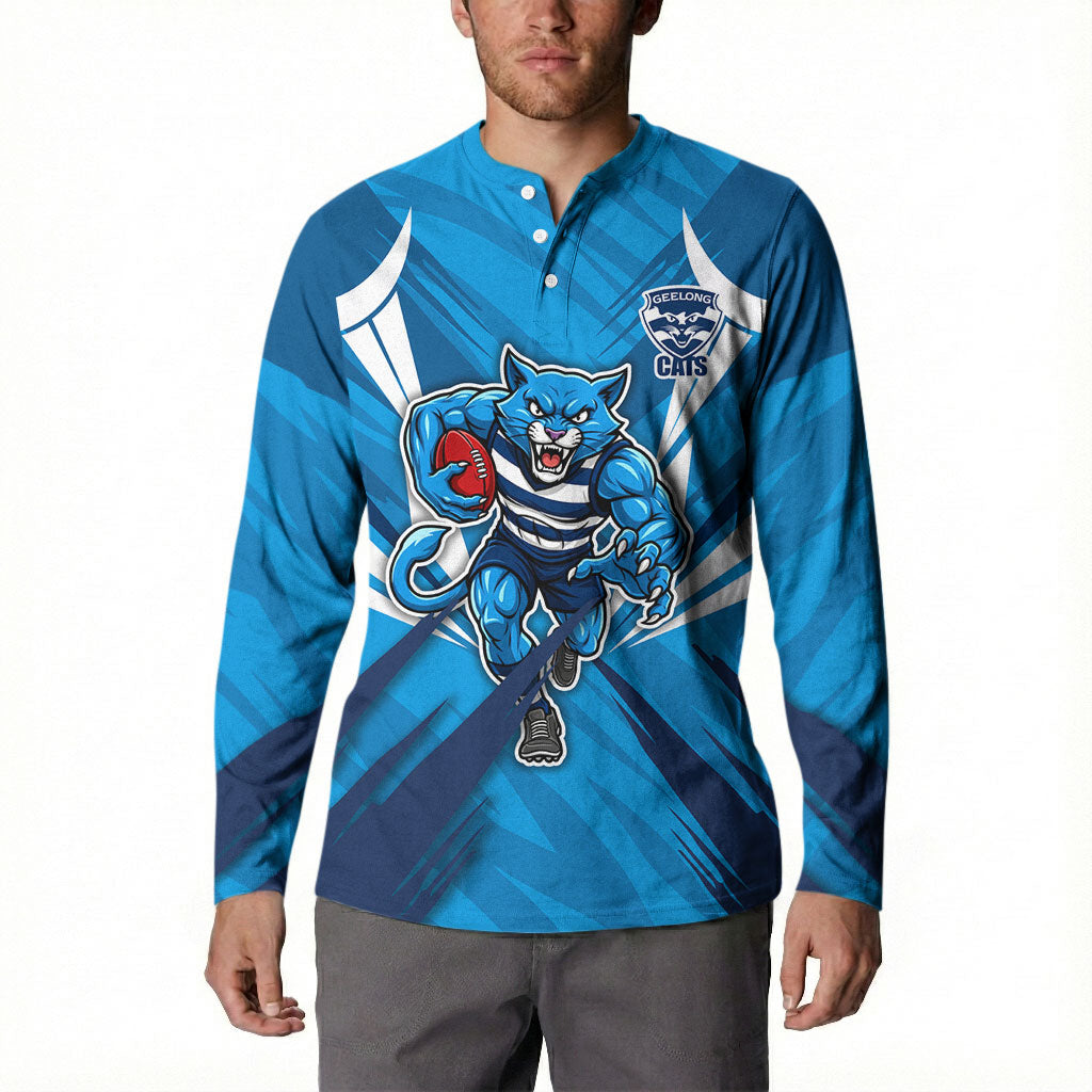 Geelong Cats Australian Football Button Sweatshirt Fierce Wildcat Mascot - Bold Team Colors