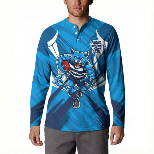 Geelong Cats Australian Football Button Sweatshirt Fierce Wildcat Mascot - Bold Team Colors