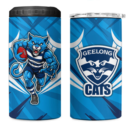 Geelong Cats Australian Football 4 in 1 Can Cooler Tumbler Fierce Wildcat Mascot - Bold Team Colors