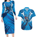 Geelong Cats Australian Football Couples Matching Long Sleeve Bodycon Dress and Hawaiian Shirt Fierce Wildcat Mascot - Bold Team Colors