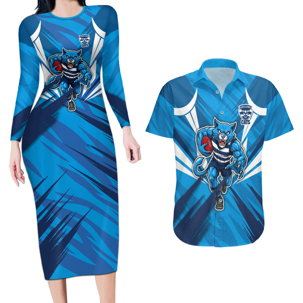 Geelong Cats Australian Football Couples Matching Long Sleeve Bodycon Dress and Hawaiian Shirt Fierce Wildcat Mascot - Bold Team Colors