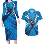 Geelong Cats Australian Football Couples Matching Long Sleeve Bodycon Dress and Hawaiian Shirt Fierce Wildcat Mascot - Bold Team Colors