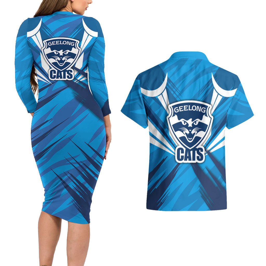 Geelong Cats Australian Football Couples Matching Long Sleeve Bodycon Dress and Hawaiian Shirt Fierce Wildcat Mascot - Bold Team Colors