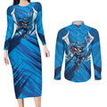 Geelong Cats Australian Football Couples Matching Long Sleeve Bodycon Dress and Long Sleeve Button Shirt Fierce Wildcat Mascot - Bold Team Colors