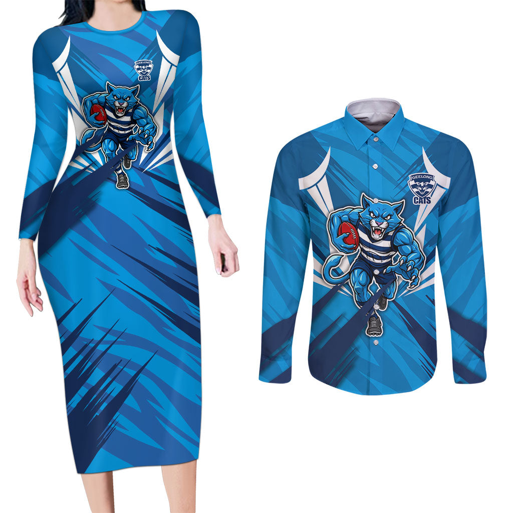 Geelong Cats Australian Football Couples Matching Long Sleeve Bodycon Dress and Long Sleeve Button Shirt Fierce Wildcat Mascot - Bold Team Colors