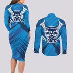 Geelong Cats Australian Football Couples Matching Long Sleeve Bodycon Dress and Long Sleeve Button Shirt Fierce Wildcat Mascot - Bold Team Colors