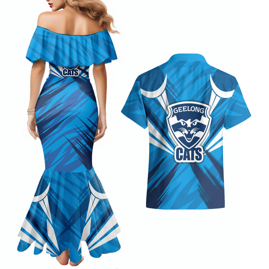 Geelong Cats Australian Football Couples Matching Mermaid Dress and Hawaiian Shirt Fierce Wildcat Mascot - Bold Team Colors