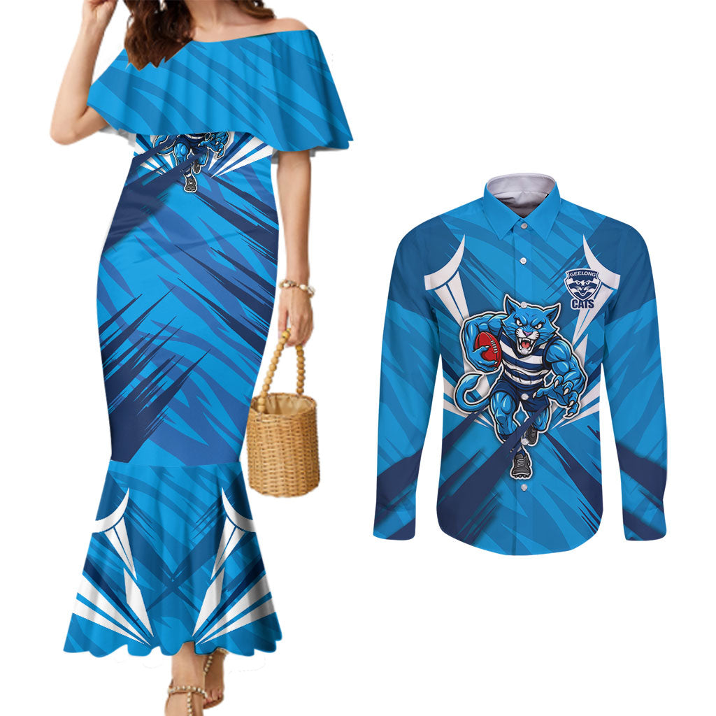 Geelong Cats Australian Football Couples Matching Mermaid Dress and Long Sleeve Button Shirt Fierce Wildcat Mascot - Bold Team Colors