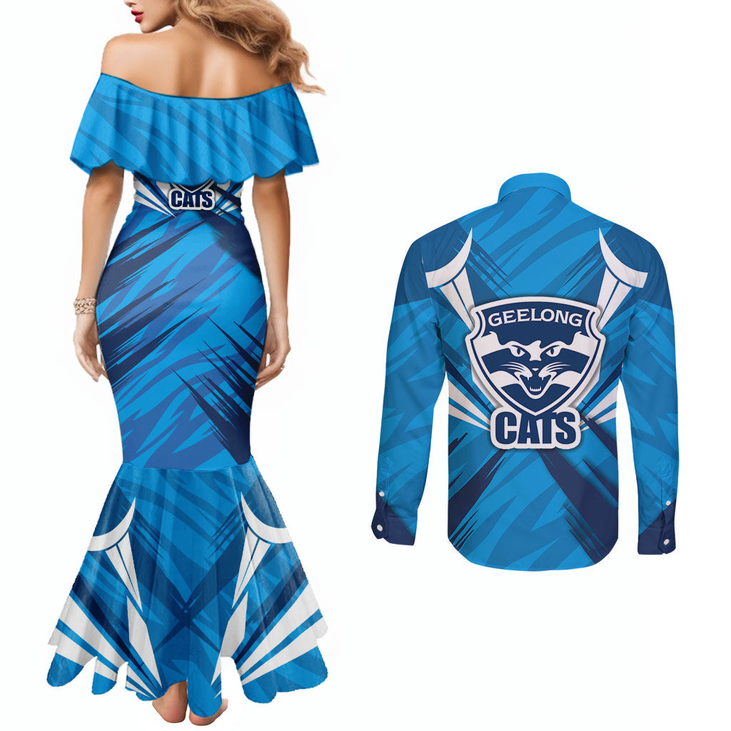 Geelong Cats Australian Football Couples Matching Mermaid Dress and Long Sleeve Button Shirt Fierce Wildcat Mascot - Bold Team Colors