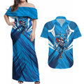 Geelong Cats Australian Football Couples Matching Off Shoulder Maxi Dress and Hawaiian Shirt Fierce Wildcat Mascot - Bold Team Colors