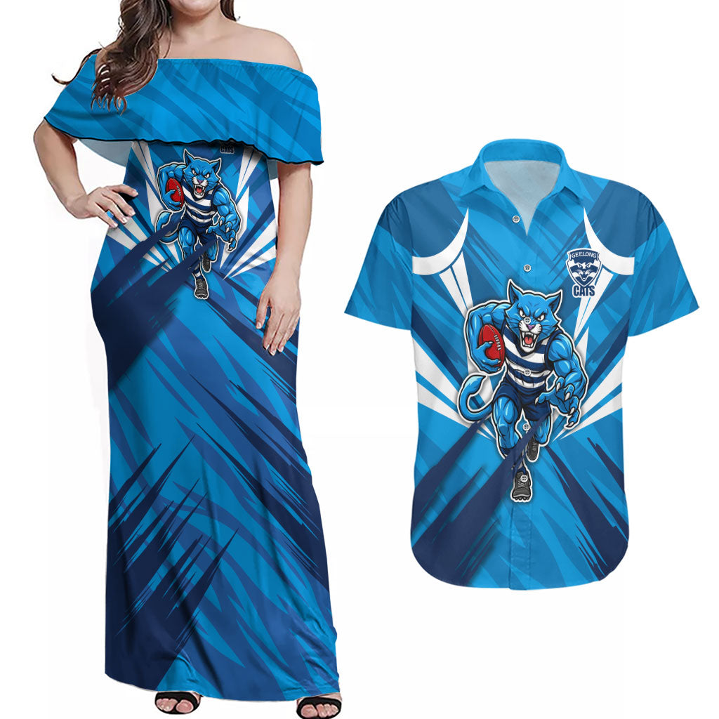 Geelong Cats Australian Football Couples Matching Off Shoulder Maxi Dress and Hawaiian Shirt Fierce Wildcat Mascot - Bold Team Colors
