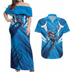 Geelong Cats Australian Football Couples Matching Off Shoulder Maxi Dress and Hawaiian Shirt Fierce Wildcat Mascot - Bold Team Colors