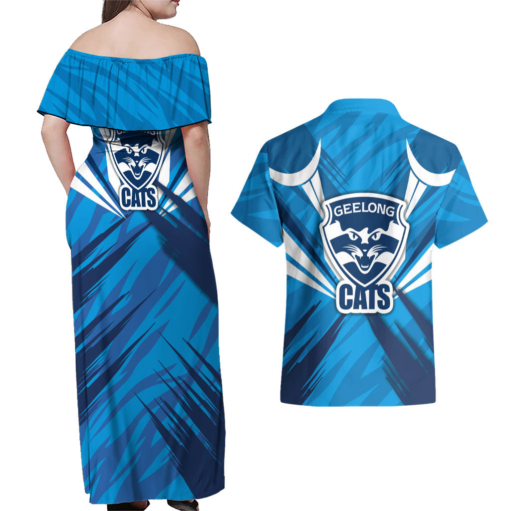 Geelong Cats Australian Football Couples Matching Off Shoulder Maxi Dress and Hawaiian Shirt Fierce Wildcat Mascot - Bold Team Colors