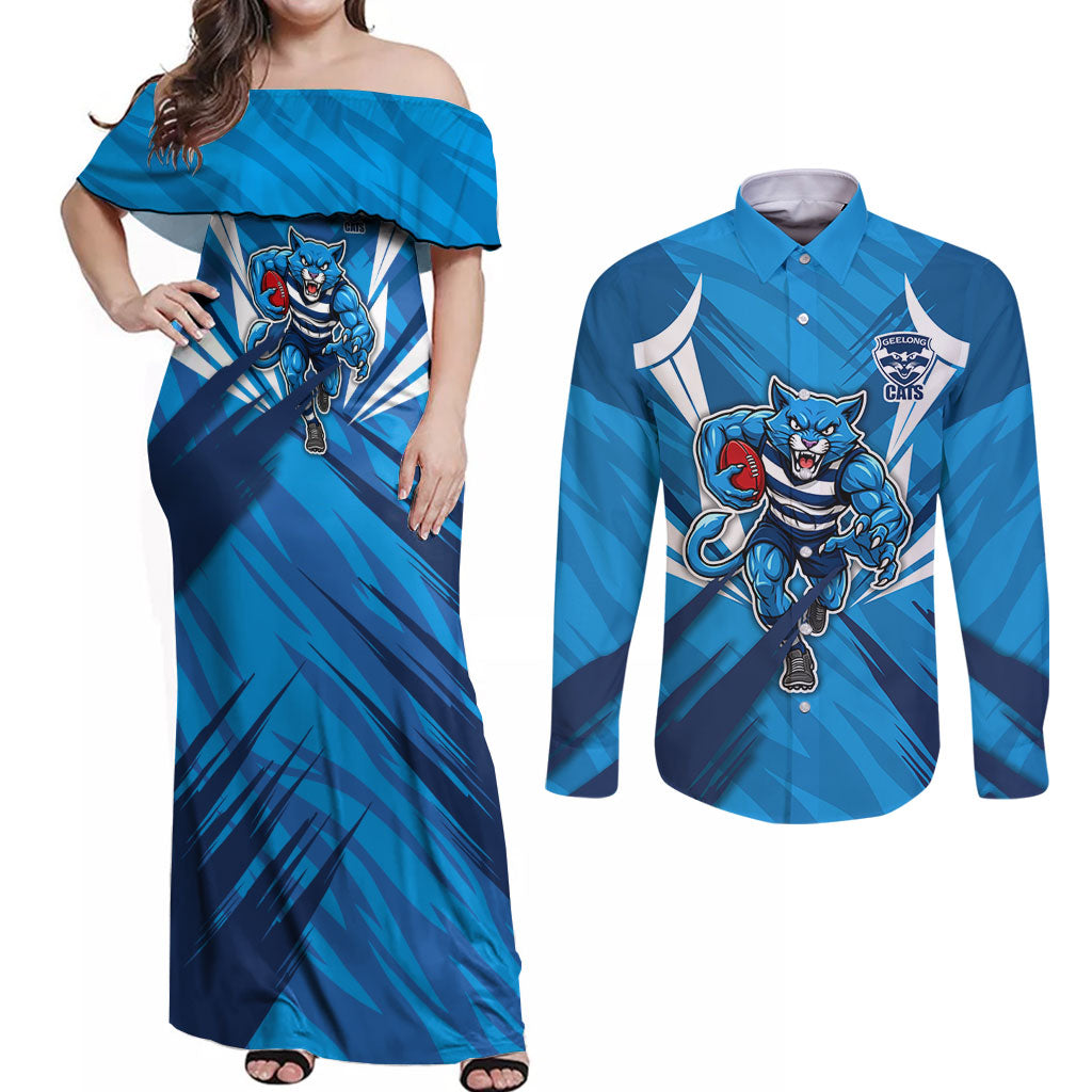 Geelong Cats Australian Football Couples Matching Off Shoulder Maxi Dress and Long Sleeve Button Shirt Fierce Wildcat Mascot - Bold Team Colors