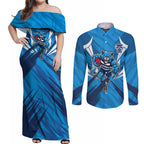 Geelong Cats Australian Football Couples Matching Off Shoulder Maxi Dress and Long Sleeve Button Shirt Fierce Wildcat Mascot - Bold Team Colors