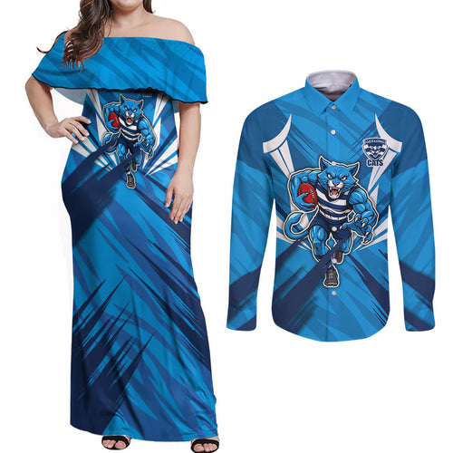 Geelong Cats Australian Football Couples Matching Off Shoulder Maxi Dress and Long Sleeve Button Shirt Fierce Wildcat Mascot - Bold Team Colors