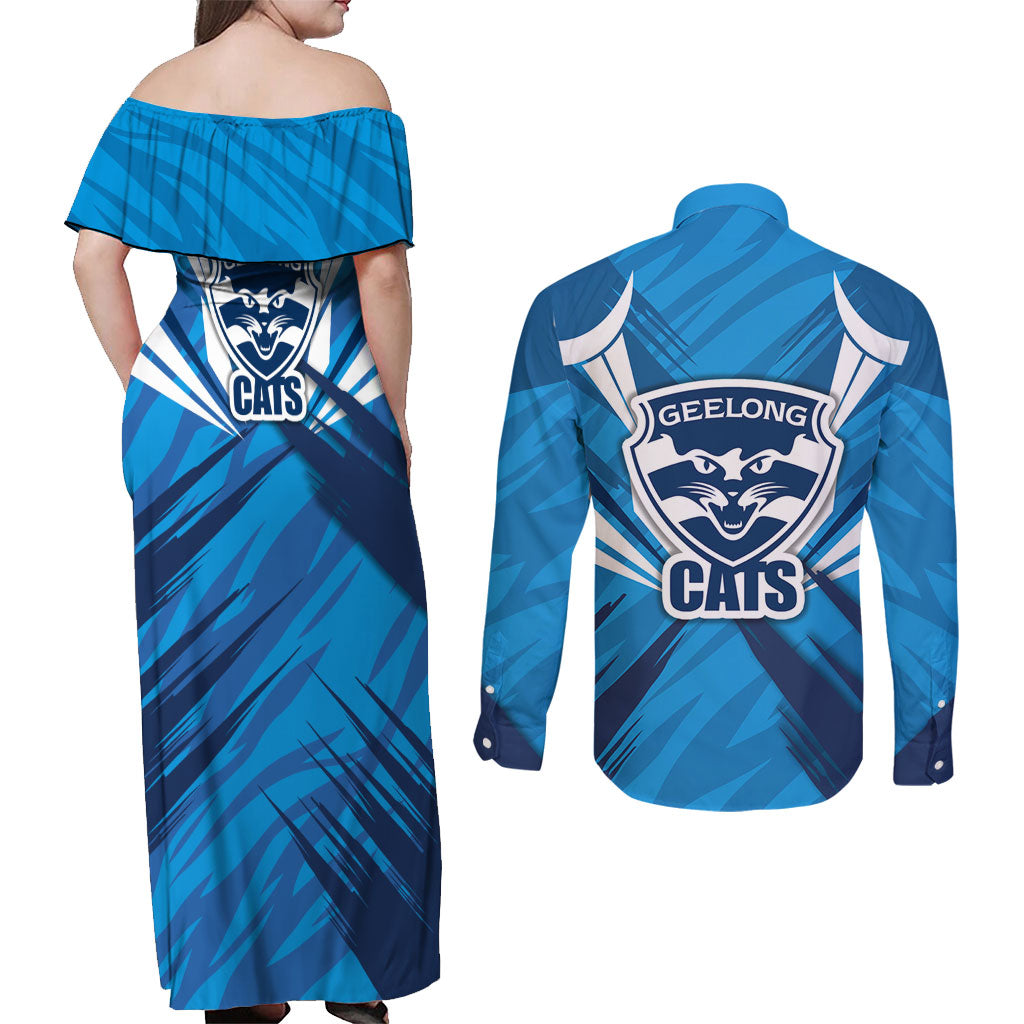 Geelong Cats Australian Football Couples Matching Off Shoulder Maxi Dress and Long Sleeve Button Shirt Fierce Wildcat Mascot - Bold Team Colors