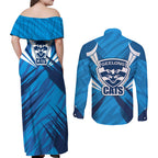 Geelong Cats Australian Football Couples Matching Off Shoulder Maxi Dress and Long Sleeve Button Shirt Fierce Wildcat Mascot - Bold Team Colors