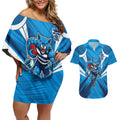 Geelong Cats Australian Football Couples Matching Off Shoulder Short Dress and Hawaiian Shirt Fierce Wildcat Mascot - Bold Team Colors