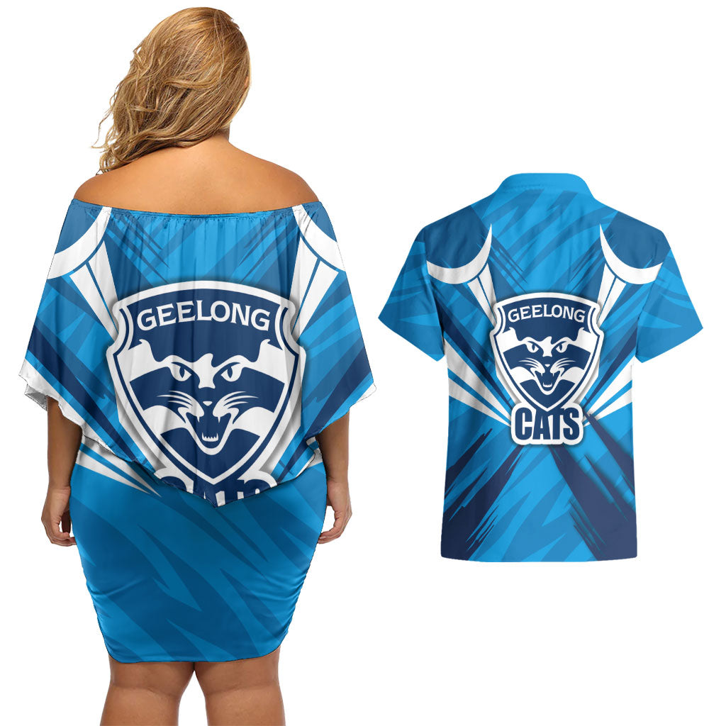 Geelong Cats Australian Football Couples Matching Off Shoulder Short Dress and Hawaiian Shirt Fierce Wildcat Mascot - Bold Team Colors