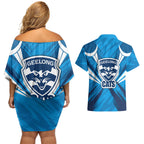 Geelong Cats Australian Football Couples Matching Off Shoulder Short Dress and Hawaiian Shirt Fierce Wildcat Mascot - Bold Team Colors