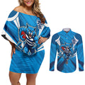 Geelong Cats Australian Football Couples Matching Off Shoulder Short Dress and Long Sleeve Button Shirt Fierce Wildcat Mascot - Bold Team Colors