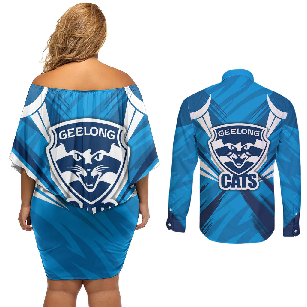 Geelong Cats Australian Football Couples Matching Off Shoulder Short Dress and Long Sleeve Button Shirt Fierce Wildcat Mascot - Bold Team Colors