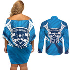 Geelong Cats Australian Football Couples Matching Off Shoulder Short Dress and Long Sleeve Button Shirt Fierce Wildcat Mascot - Bold Team Colors