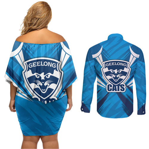 Geelong Cats Australian Football Couples Matching Off Shoulder Short Dress and Long Sleeve Button Shirt Fierce Wildcat Mascot - Bold Team Colors